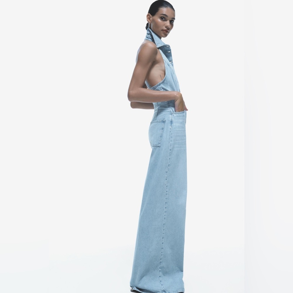 Zara jumpsuit denim halter wide leg open back bohemian casual summer - Picture 11 of 12